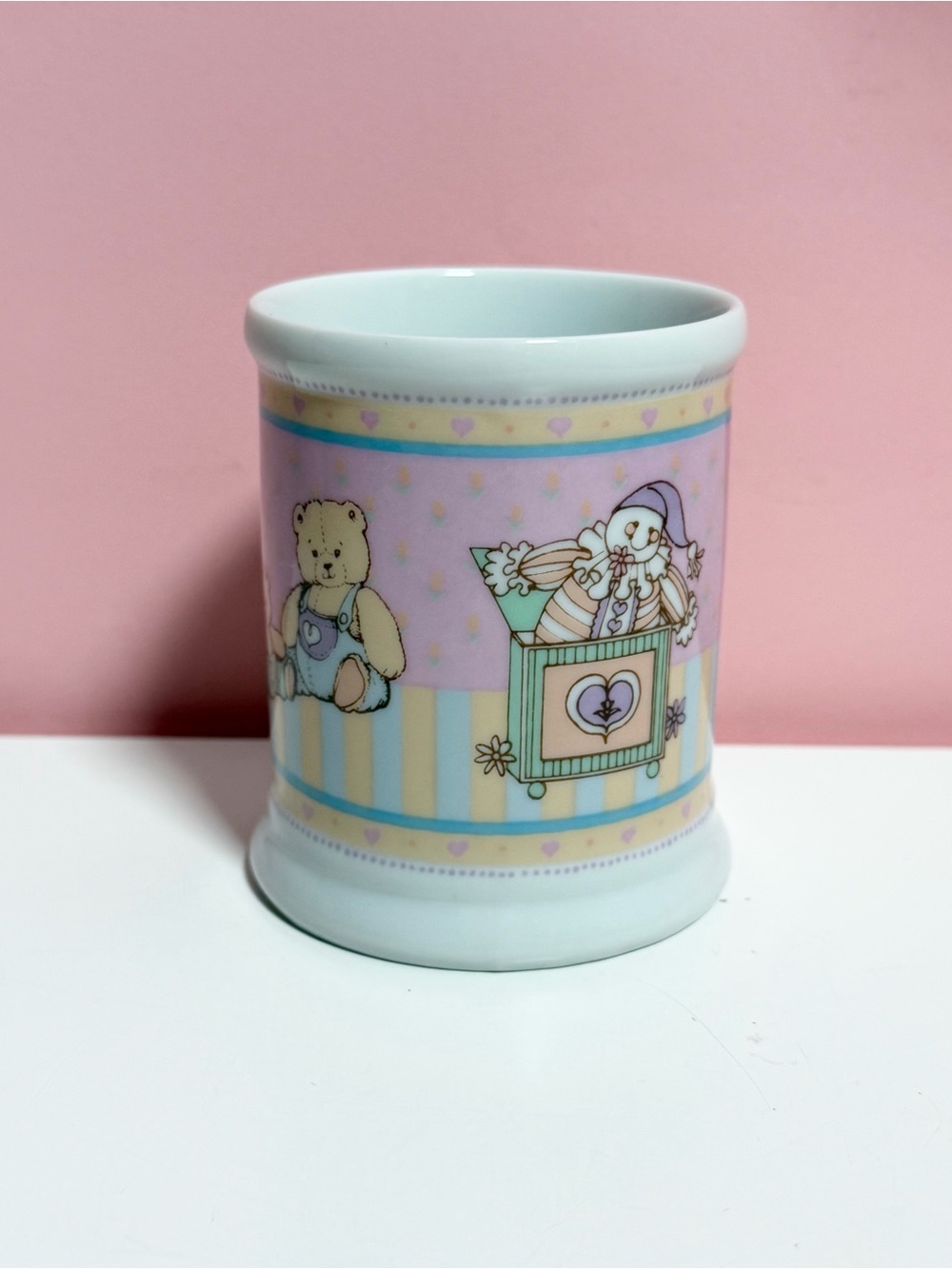 Vintage retro 80s pastel baby clown teddy bear rocking horse cup